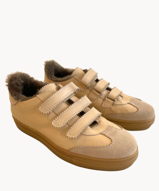 Marie Morenz Sneaker 20012 Beige Gefüttert Lammfell Klettverschluss Leder Dame