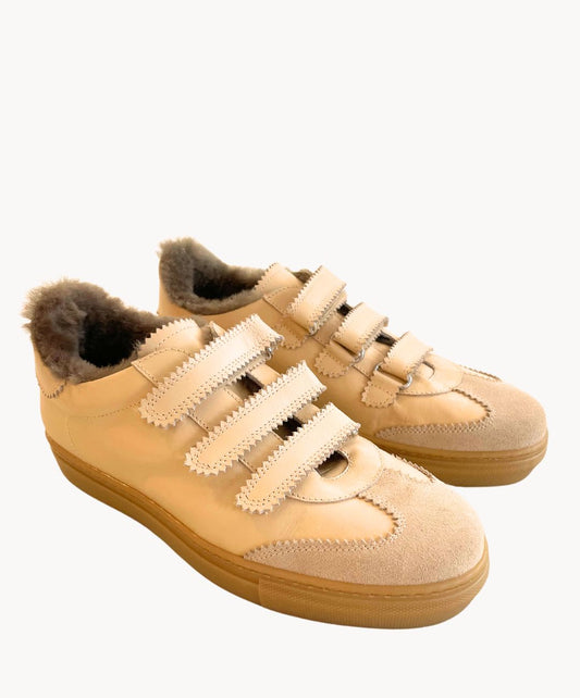 Marie Morenz Sneaker Hoch 20030 Beige Gefüttert Lammfell Klettverschluss Leder Dame