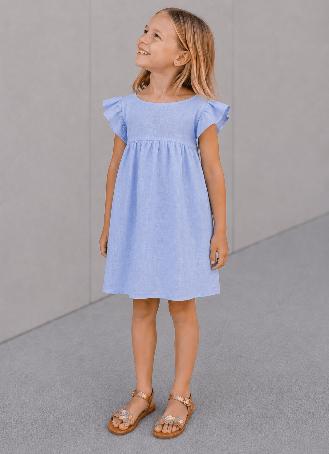 Marie Morenz Leinenkleid Hellblau Flügelärmel - Marie Morenz